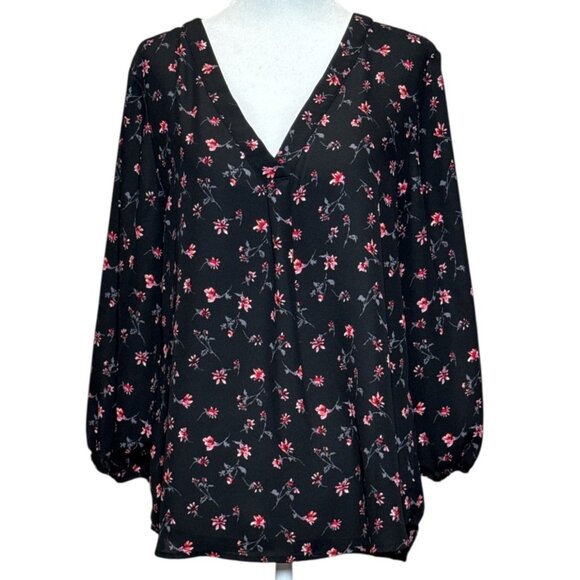 Yonett + Claire Top Size M Womens Black Floral Pink V-Neck Blouse Long Sleeve - Picture 1 of 8